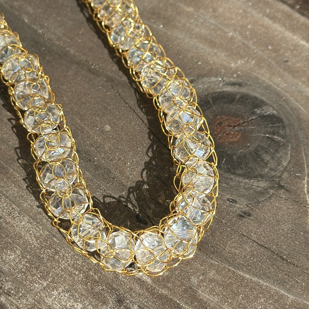 Gold-Tone Wire Crochet Handmade Bead Necklace